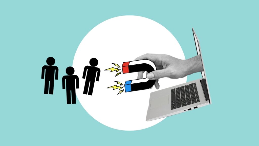 An illustration of lead magnets with a hand in a computer and oversized magnet with three silhouetted leads, on a teal background.