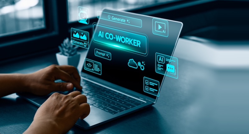 AI co worker interface on laptop with digital generate prompt chat automation and analytics icons representing human and artificial intelligence collaboration for modern business workflow