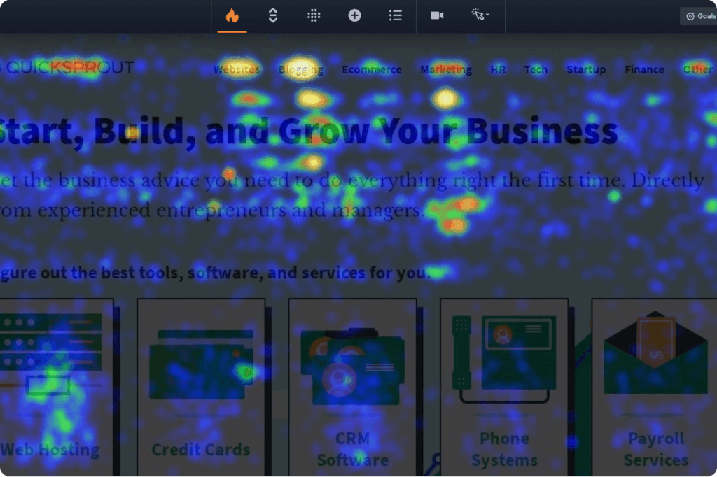 Crazy Egg click heatmap overlaid on a business homepage showing hot and cold zones.