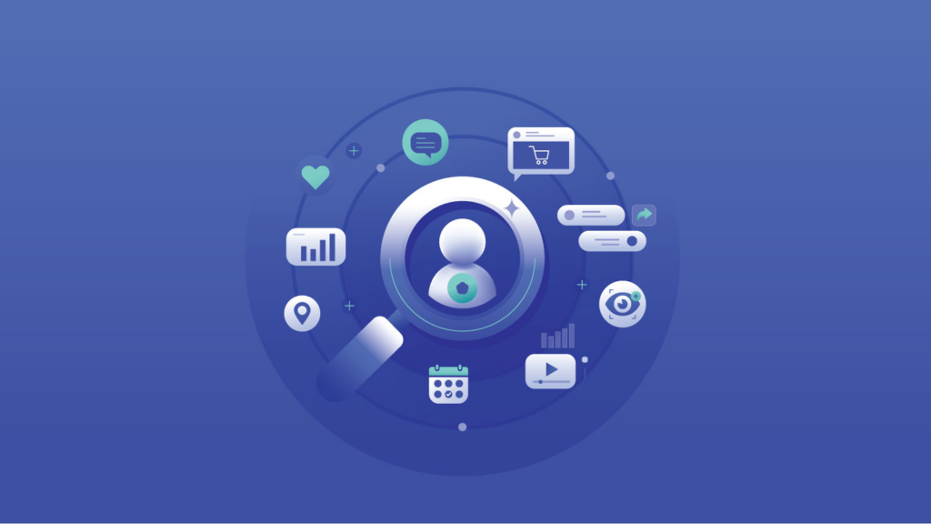 Conceptual graphic depicting customer data enrichment, featuring a central user profile inside a magnifying glass encircled by various digital behavior, social, and demographic icons.