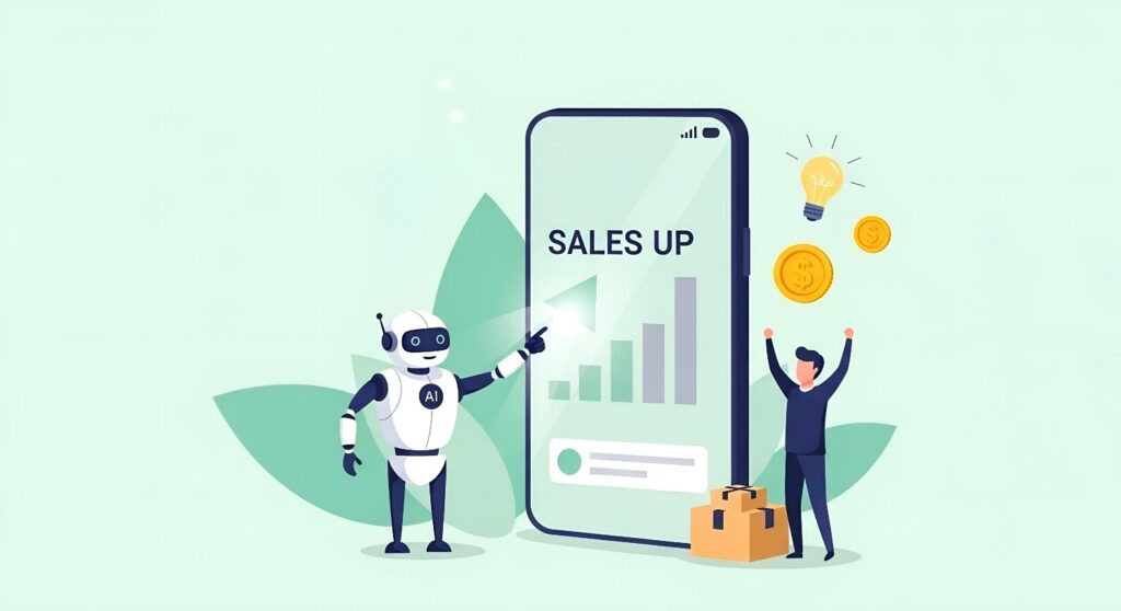 An AI agent pointing at an oversized smartphone showcasing a chart with Sales Up on it, next to a white male in a suit on a green background.