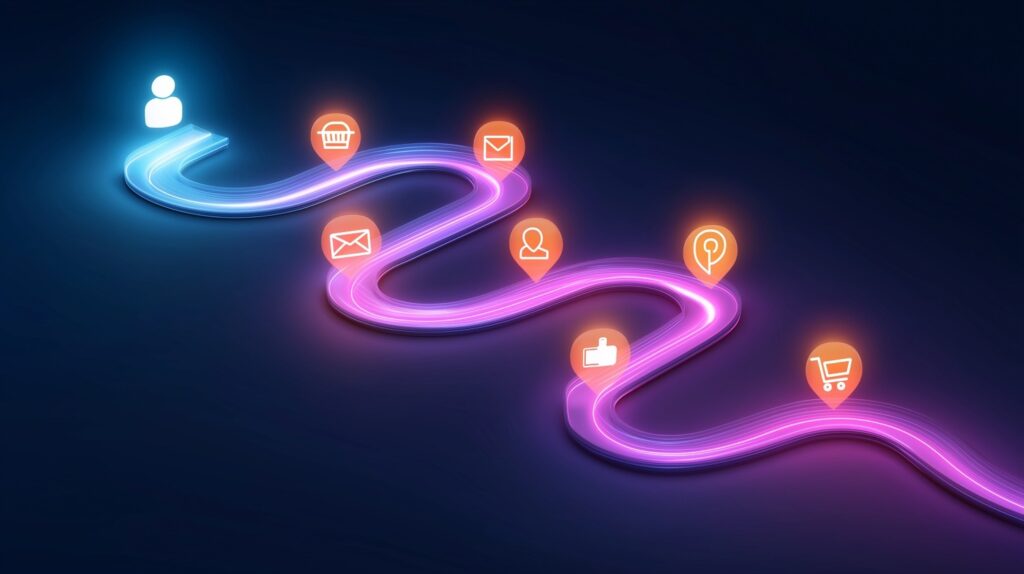 Customer Journey Map Visualized as a Glowing Pathway with icons on a black background.