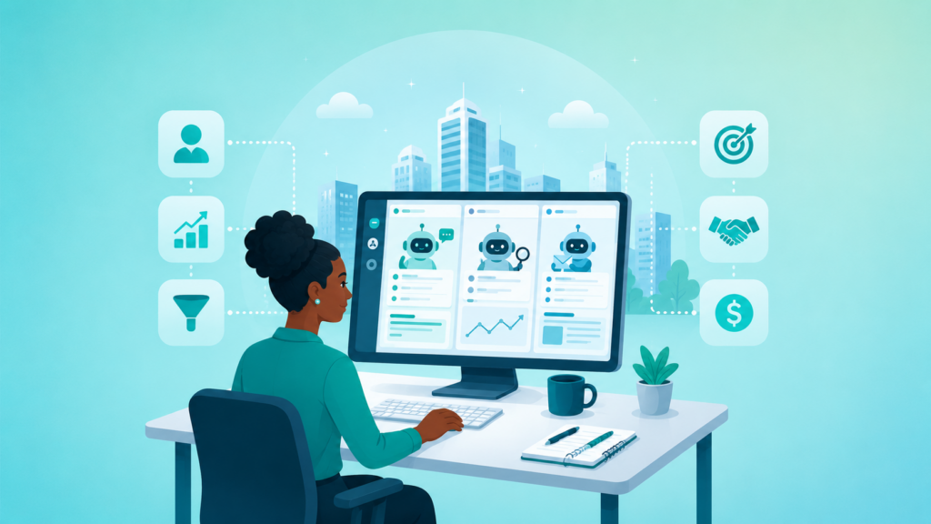 Illustration of a black woman business owner at a desk using multiple AI agents on a computer.