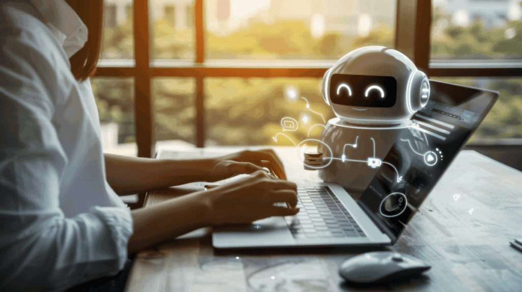 Person on laptop while AI agent is on screen.