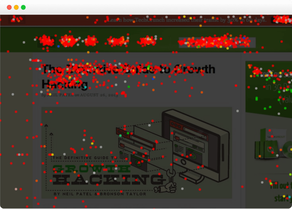 Crazy Egg confetti click map showing colored dot clusters across a webpage.